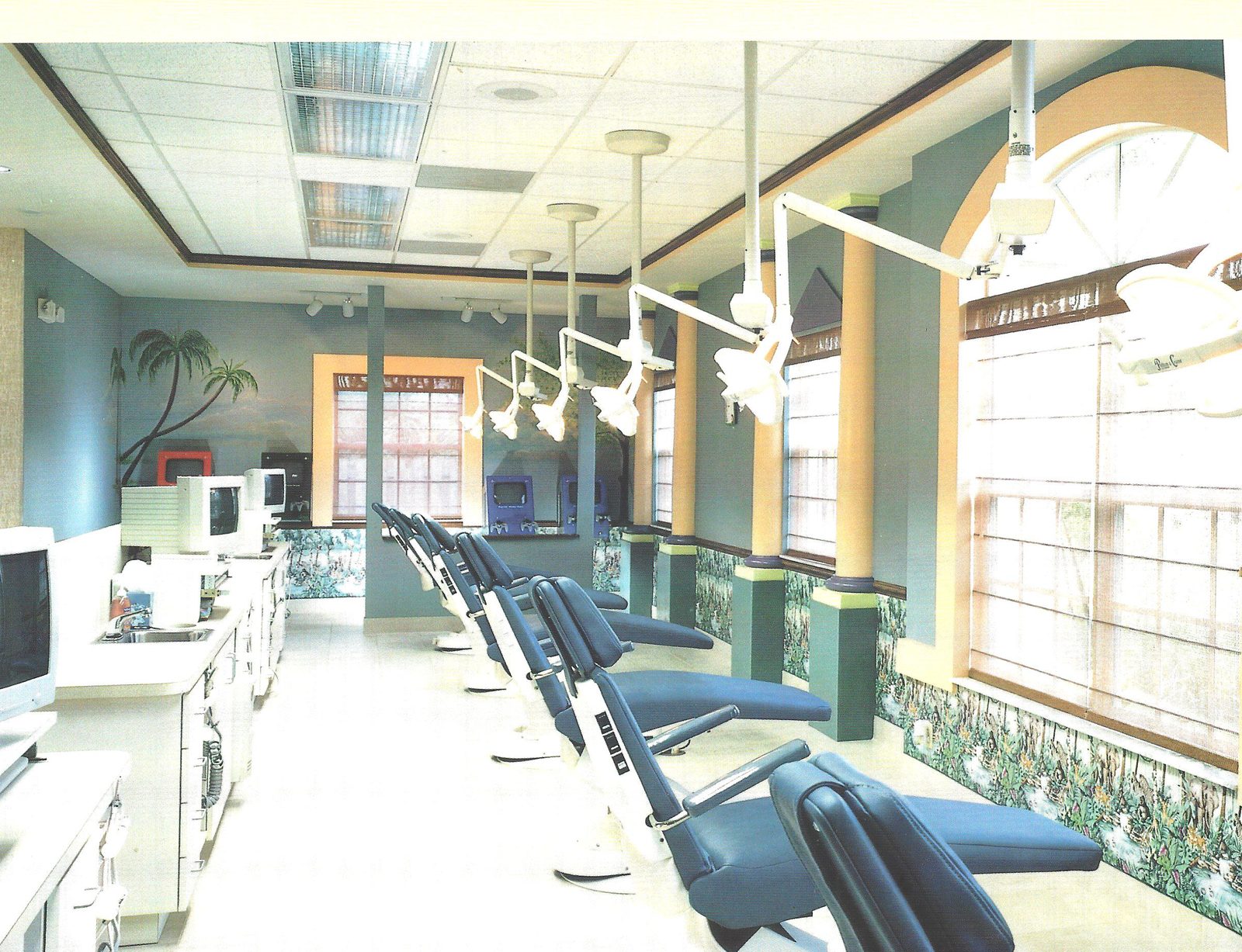 Row of pediatric dental chairs beneath palm tree murals and tall windows
