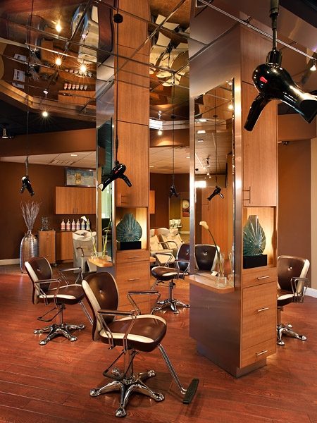 Styling stations with mirrors and wood casework